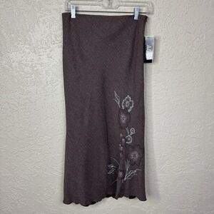 Vtg Y2K AGB Womens Brown Floral Embroidered Midi Skirt Sz 8 Academia Monica NWT